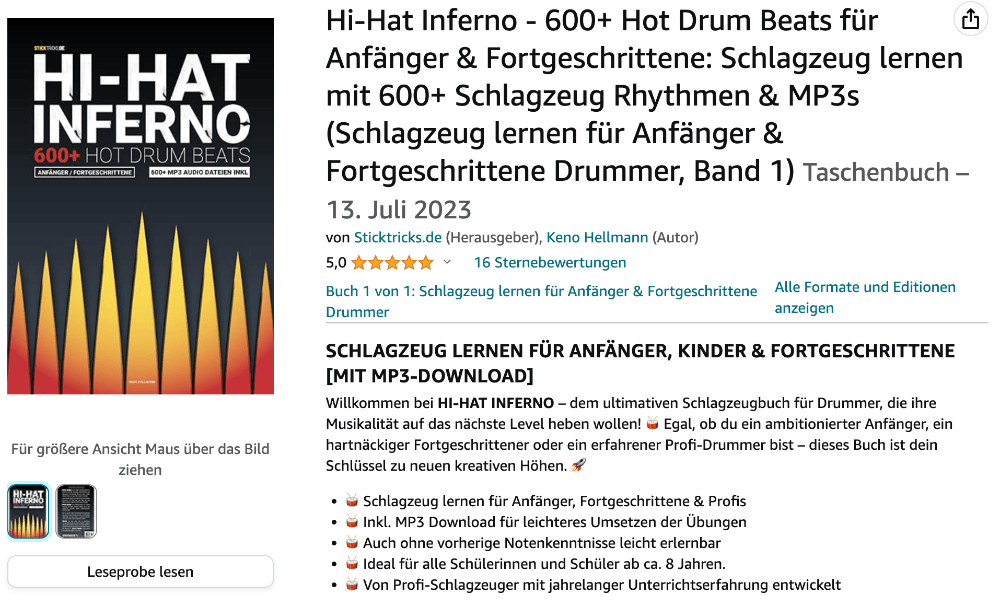 Hi Hat Inferno ist ein Schlagzeugbuch für Anfänger, Fortgeschrittene und für professionelle Schlagzeuger